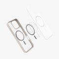 ACS08138 - iPhone 16 Pro Case Ultra Hybrid (MagFit) in Frost Natural Titanium showing the front of soft inner layer hovering above the magsafe magnet plate and the case 