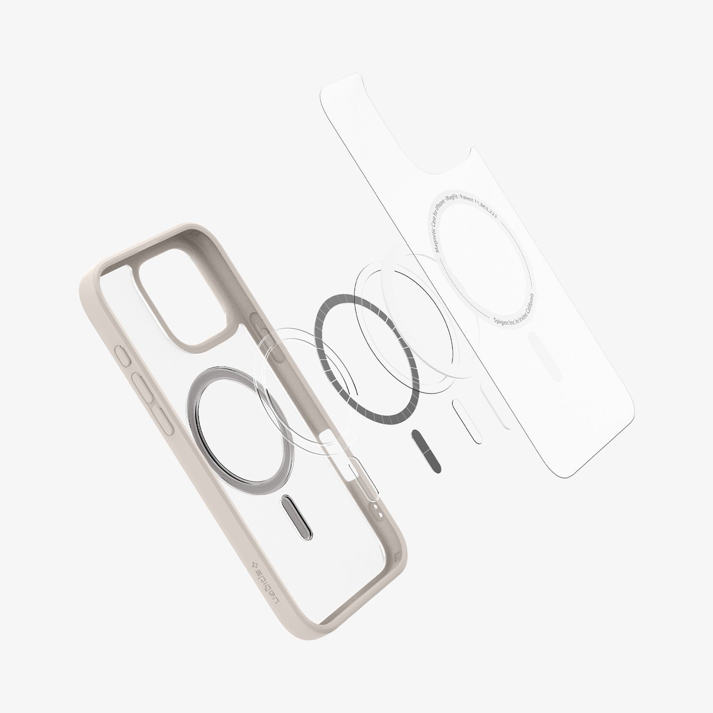 ACS08138 - iPhone 16 Pro Case Ultra Hybrid (MagFit) in Frost Natural Titanium showing the front of soft inner layer hovering above the magsafe magnet plate and the case 