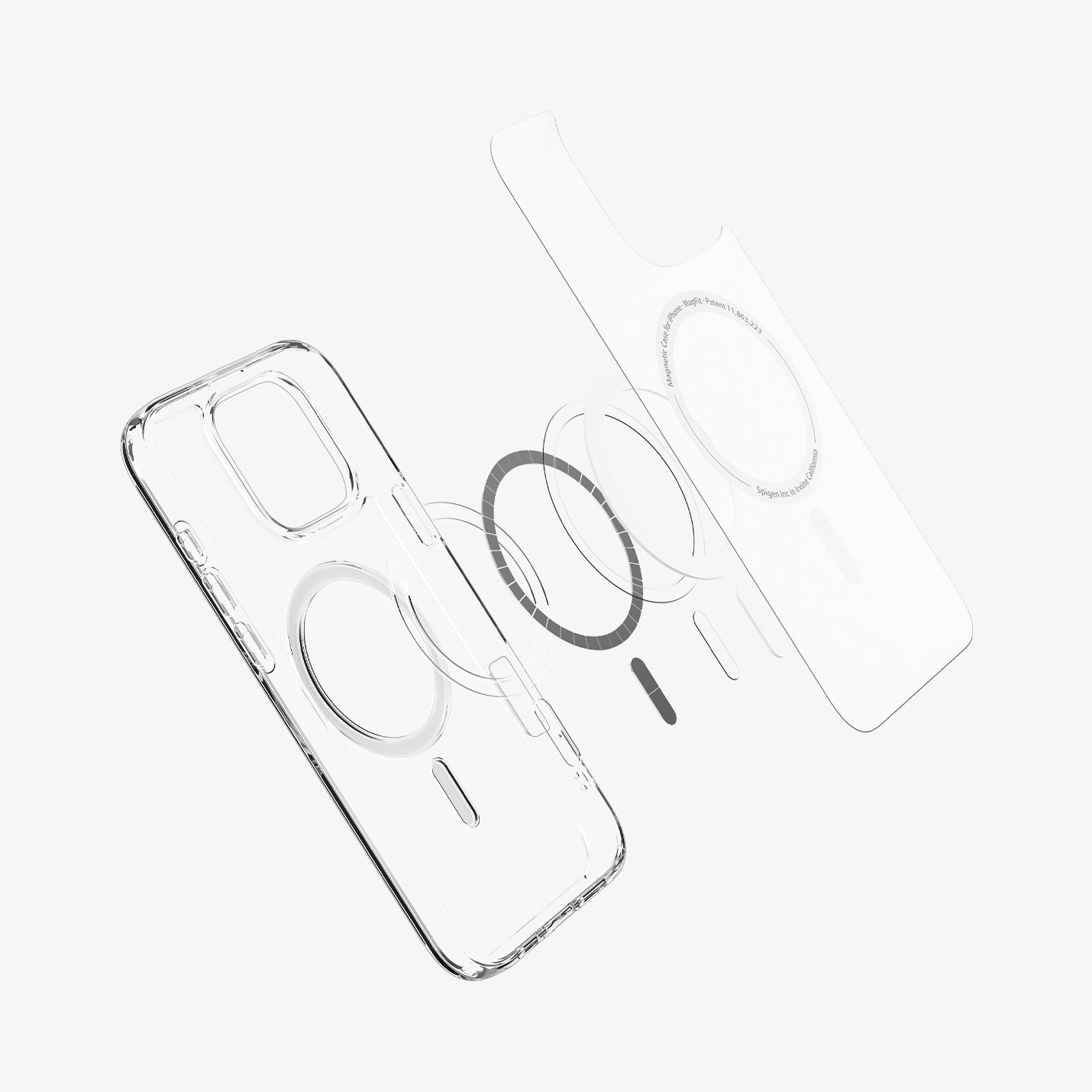 ACS08133 - iPhone 16 Pro Case Ultra Hybrid (MagFit) in Frost Clear showing the front of soft inner layer hovering above the magsafe magnet plate and the case 