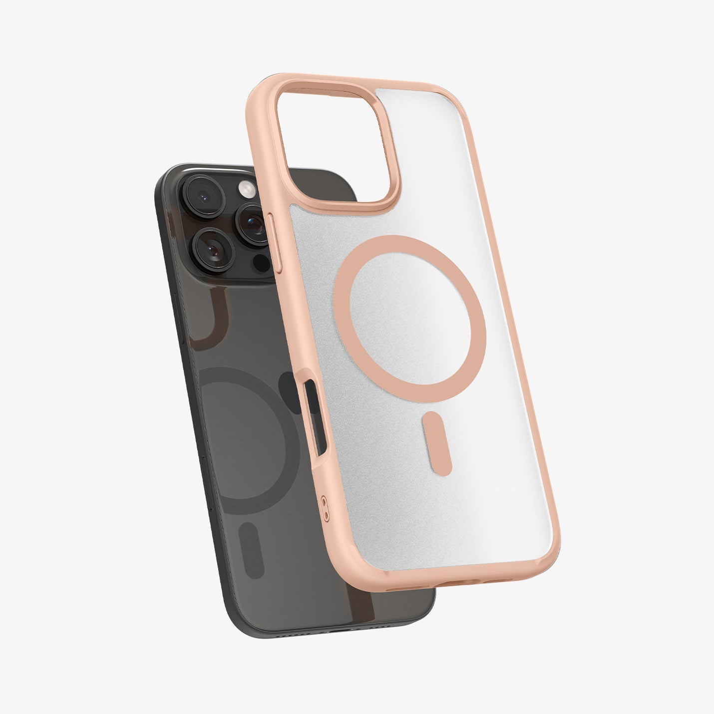 ACS08694 - iPhone 16 Pro Case Ultra Hybrid (MagFit) in Frost Rose Titanium showing the back, partial side and bottom hovering in front of the device