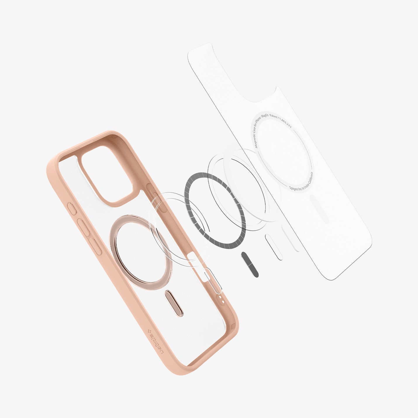 ACS08694 - iPhone 16 Pro Case Ultra Hybrid (MagFit) in Frost Rose Titanium showing the front of soft inner layer hovering above the magsafe magnet plate and the case 