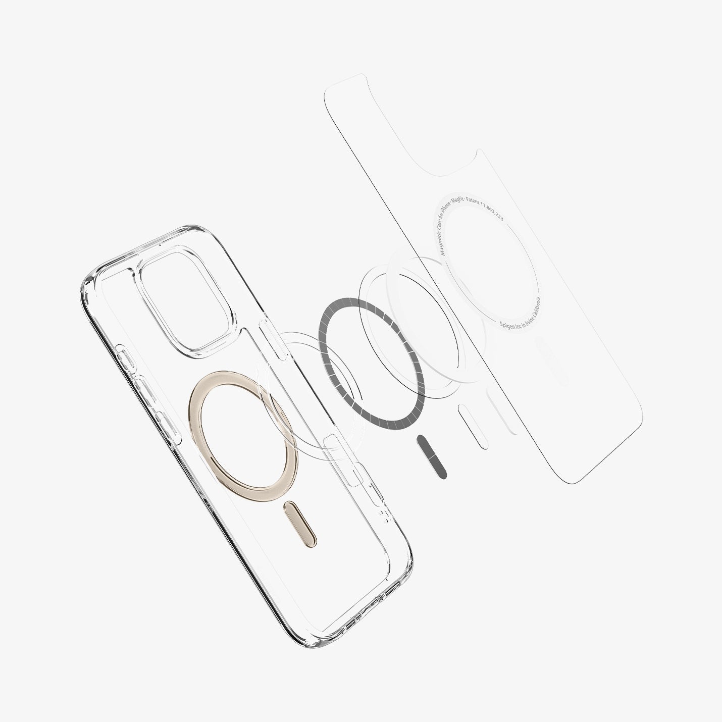ACS08132 - iPhone 16 Pro Case Ultra Hybrid (MagFit) in Gold showing the front of soft inner layer hovering above the magsafe magnet plate and the case 