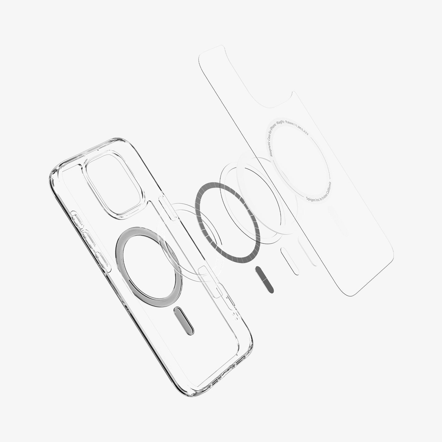 ACS08130 - iPhone 16 Pro Case Ultra Hybrid (MagFit) in Graphite showing the front of soft inner layer hovering above the magsafe magnet plate and the case 