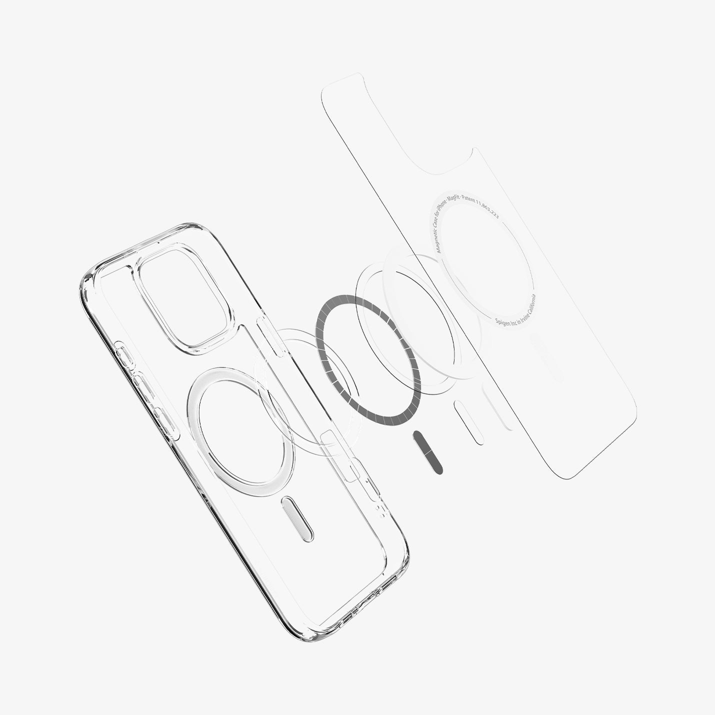 ACS08129 - iPhone 16 Pro Case Ultra Hybrid (MagFit) in White showing the front of soft inner layer hovering above the magsafe magnet plate and the case 