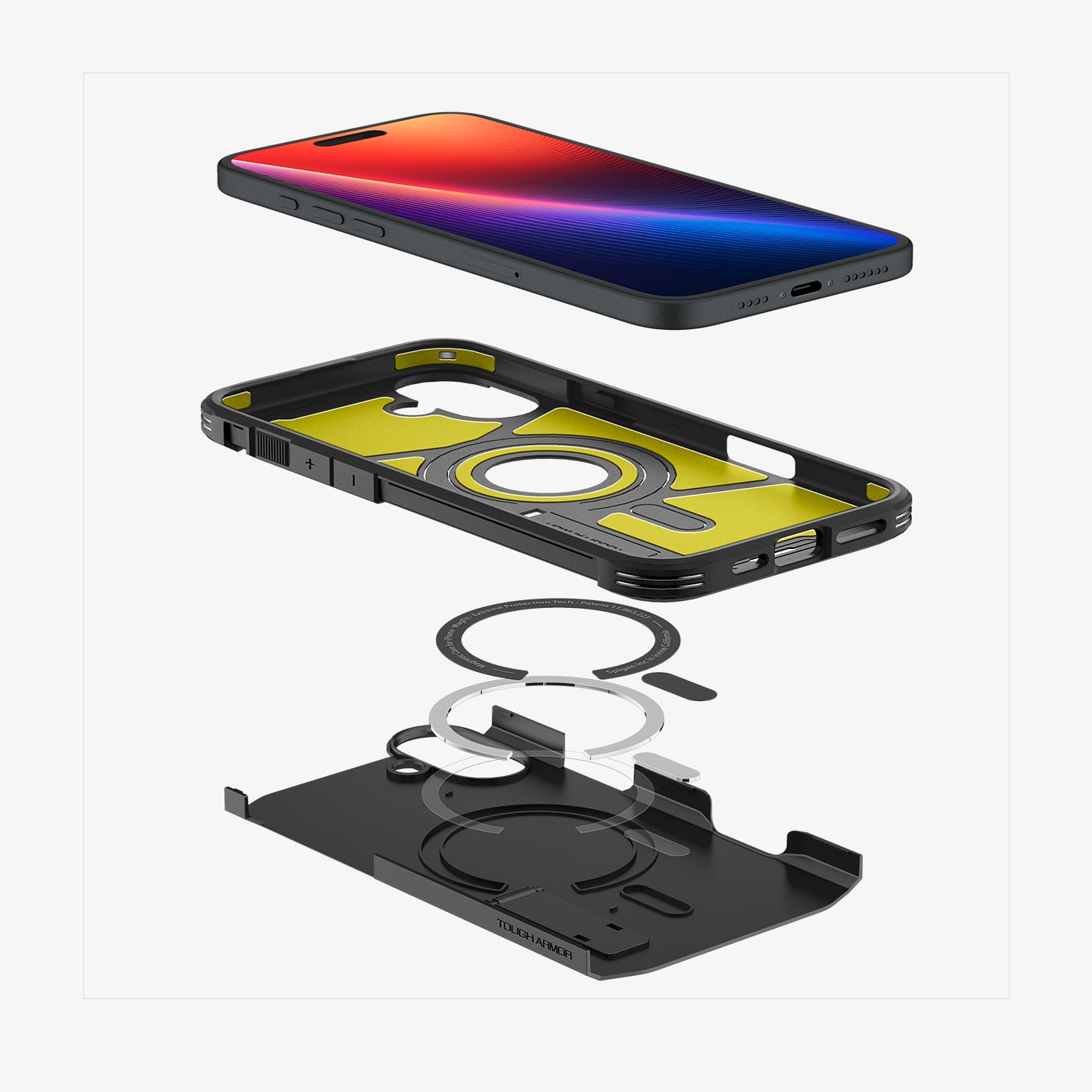 ACS08085 - iPhone 16 Plus Case Tough Armor AI (MagFit) in Black showing the front of the device hovering above the back case, detached from magnet ring plate and the back layer of the case