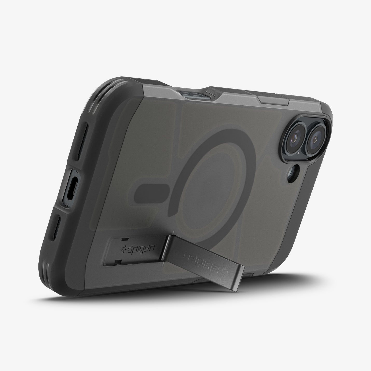 ACS08515 - iPhone 16 Case Tough Armor AI (MagFit) in Frost Black showing the back, partial side and bottom with built-in kickstand propped up