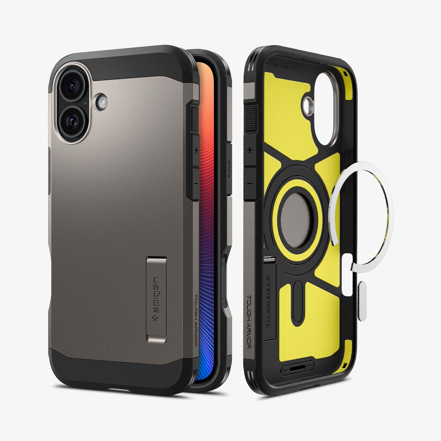 ACS08084 - iPhone 16 Plus Case Tough Armor AI (MagFit) in Gunmetal showing the back, partial sides and front, metal ring plate detached from the inner case