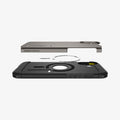 ACS08084 - iPhone 16 Plus Case Tough Armor AI (MagFit) in Gunmetal showing the partial back layer detached hovering above the metal ring plate and back of the case
