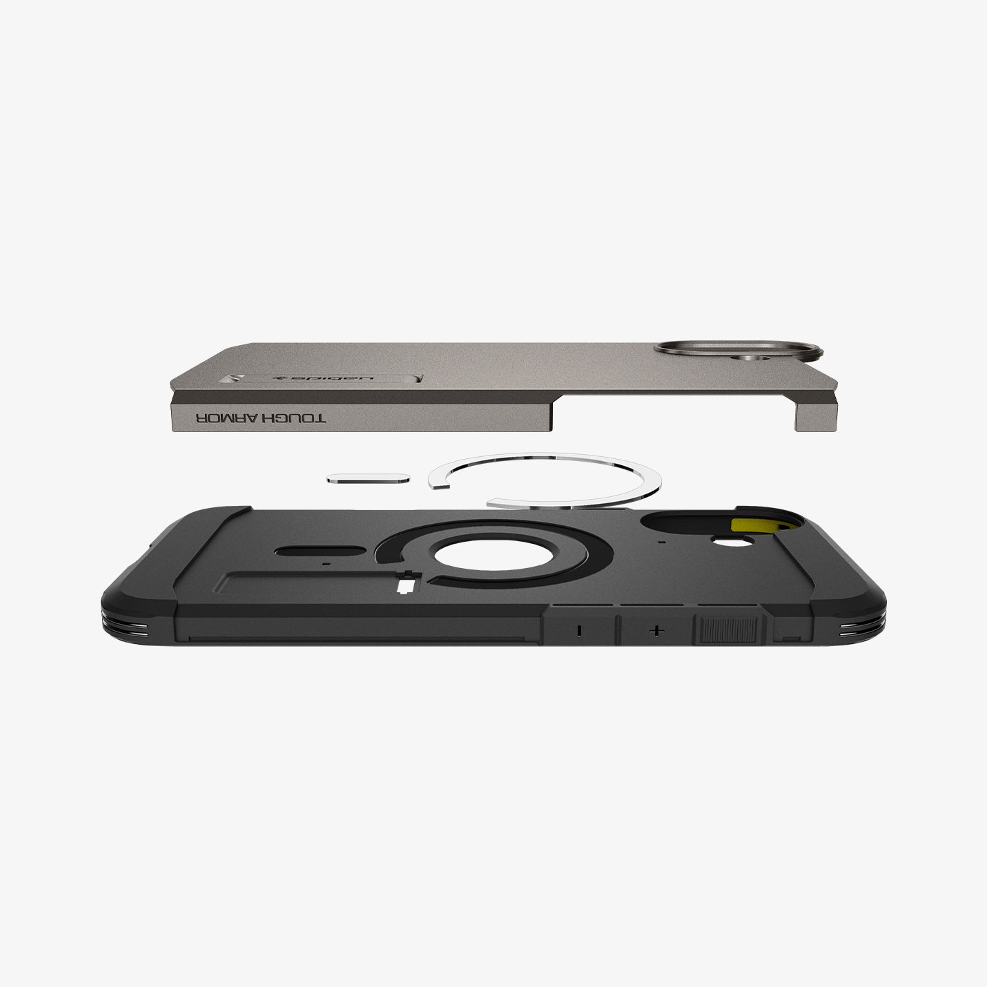 ACS08084 - iPhone 16 Plus Case Tough Armor AI (MagFit) in Gunmetal showing the partial back layer detached hovering above the metal ring plate and back of the case