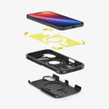 ACS08386 - iPhone 16 Case Tough Armor AI in Black showing the device hovering above the inner foam, frame and back cover of the case
