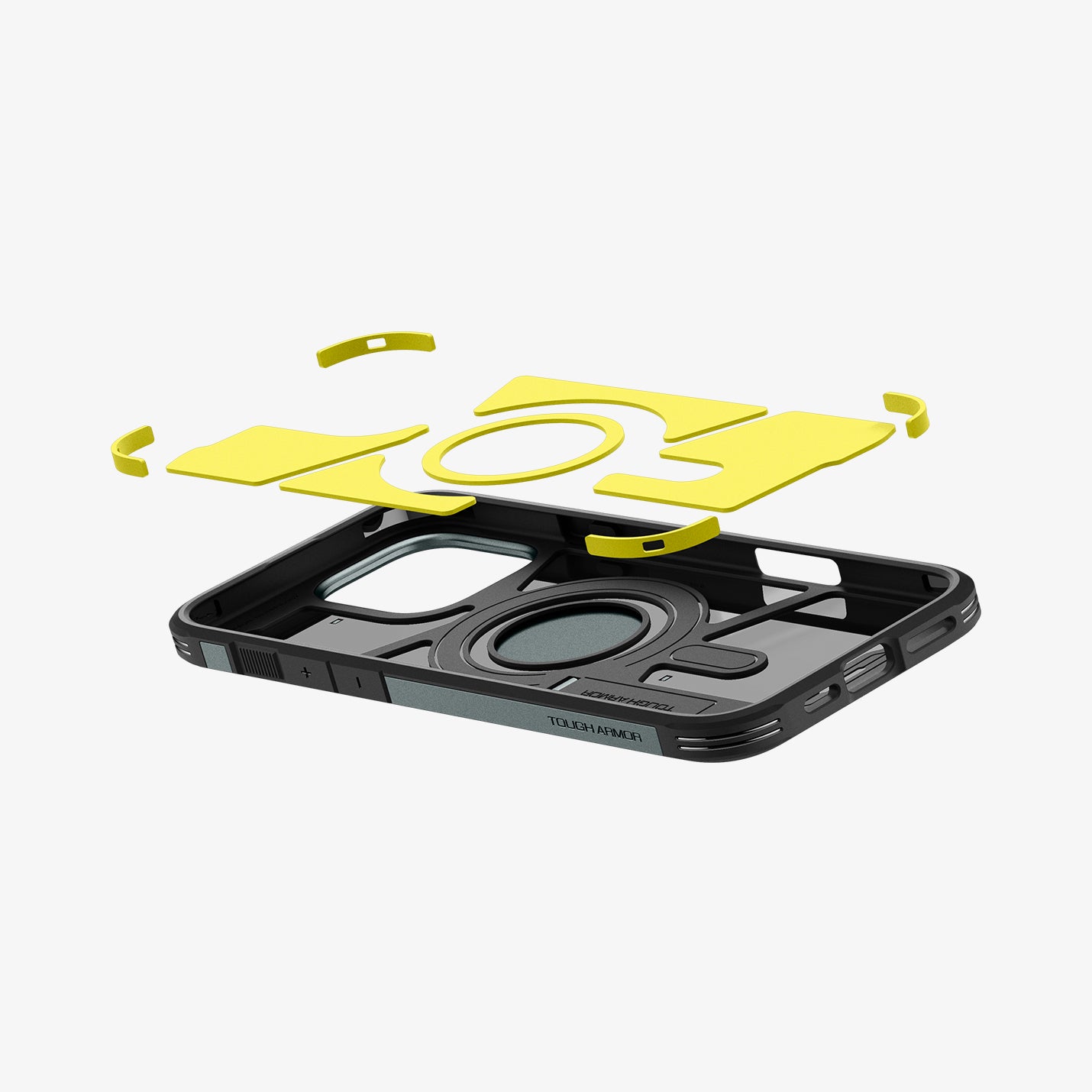 ACS08148 - iPhone 16 Pro Case Tough Armor AI (MagFit) in Abyss Green showing the impact foam hovering above the inner case