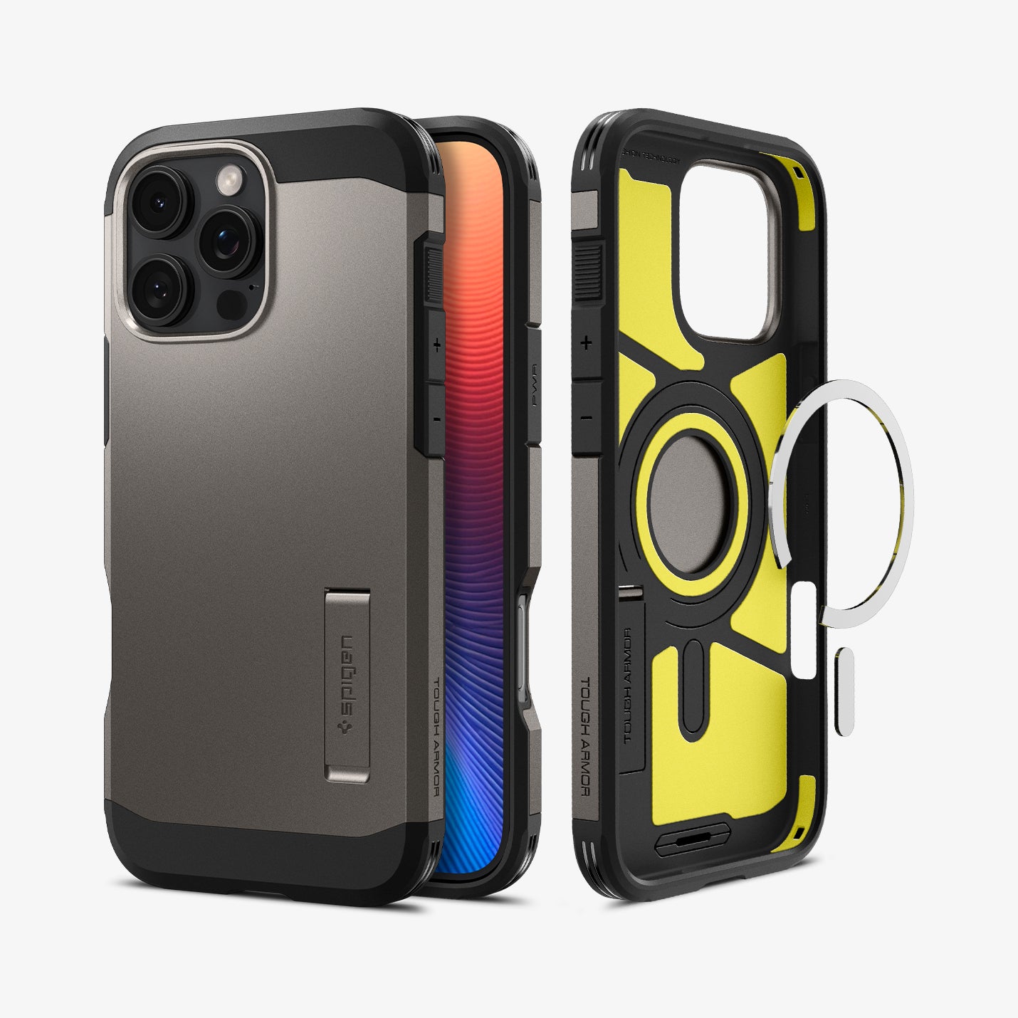 ACS08012 - iPhone 16 Pro Max Case Tough Armor AI (MagFit) in Gunmetal showing the back, partial sides and front, metal ring plate detached from the inner case
