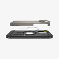 ACS08012 - iPhone 16 Pro Max Case Tough Armor AI (MagFit) in Gunmetal showing the partial back layer detached hovering above the metal ring plate and back of the case