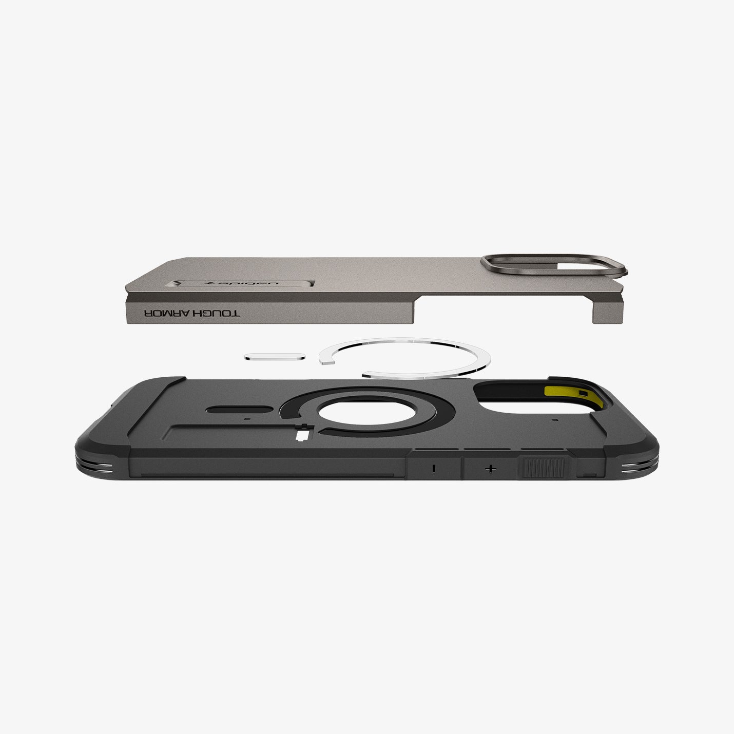 ACS08012 - iPhone 16 Pro Max Case Tough Armor AI (MagFit) in Gunmetal showing the partial back layer detached hovering above the metal ring plate and back of the case