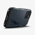 ACS08014 - iPhone 16 Pro Max Case Tough Armor AI (MagFit) in Metal Slate showing the back back, partial side and bottom with built-in kickstand propped up