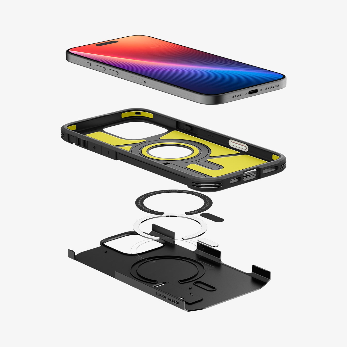 ACS08510 - iPhone 16 Pro Case Tough Armor T AI (MagFit) in Black showing the device, case and magnet layers