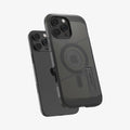 ACS09072 - iPhone 16 Pro Case Tough Armor T AI (MagFit) in Frost Black showing the back, partial side and bottom hovering in front of the device