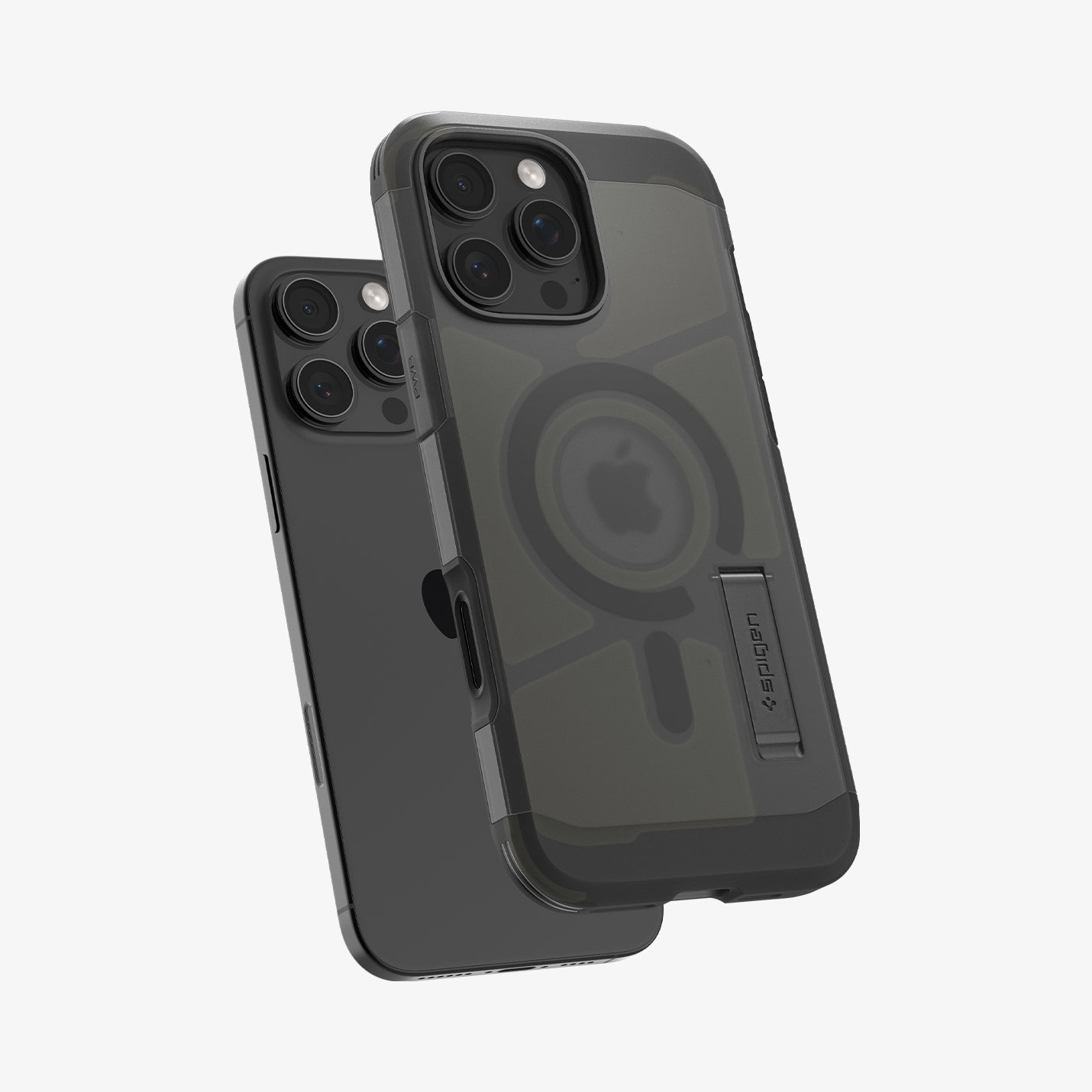 ACS09072 - iPhone 16 Pro Case Tough Armor T AI (MagFit) in Frost Black showing the back, partial side and bottom hovering in front of the device