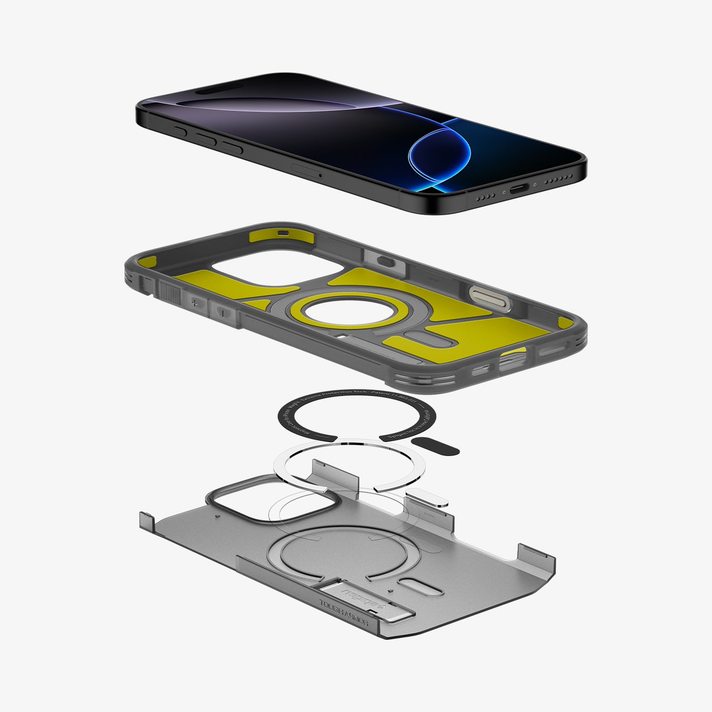 ACS09072 - iPhone 16 Pro Case Tough Armor T AI (MagFit) in Frost Black showing the device, case and magnet layers