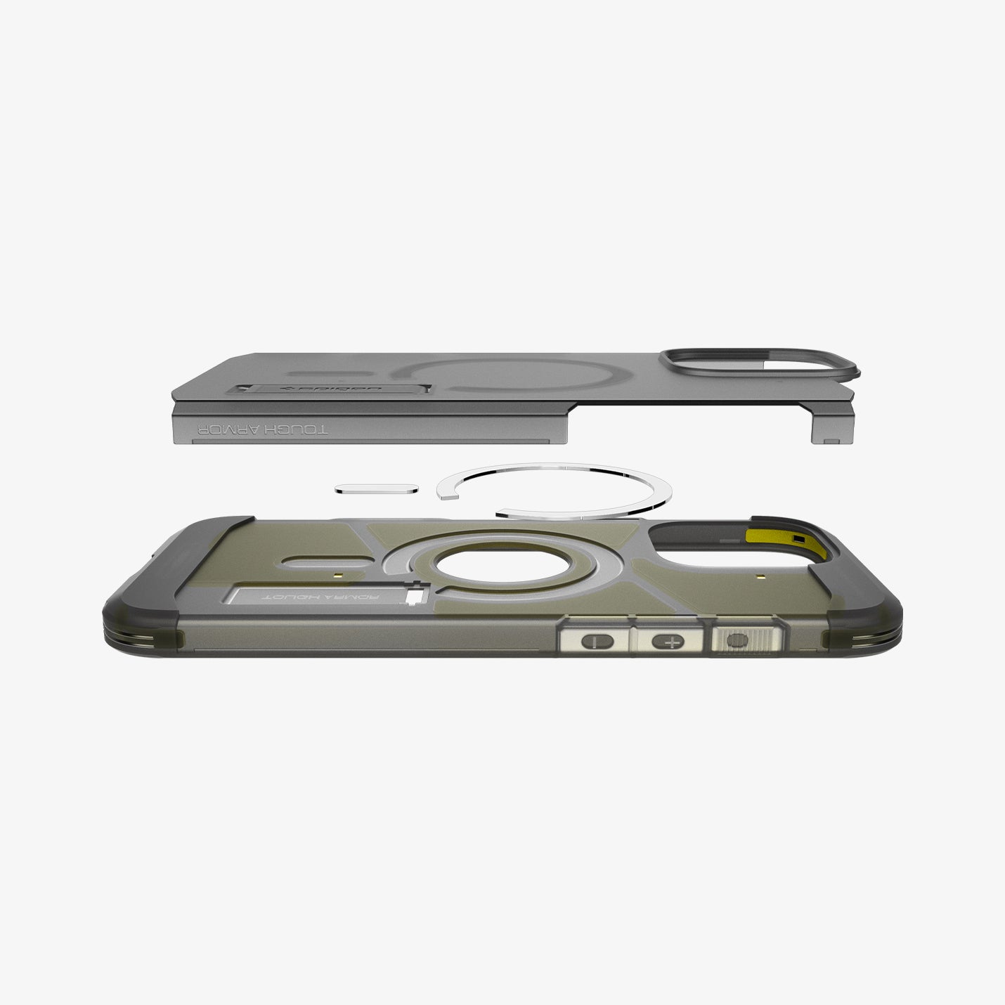 ACS09072 - iPhone 16 Pro Case Tough Armor T AI (MagFit) in Frost Black showing the two layers of case and magnet