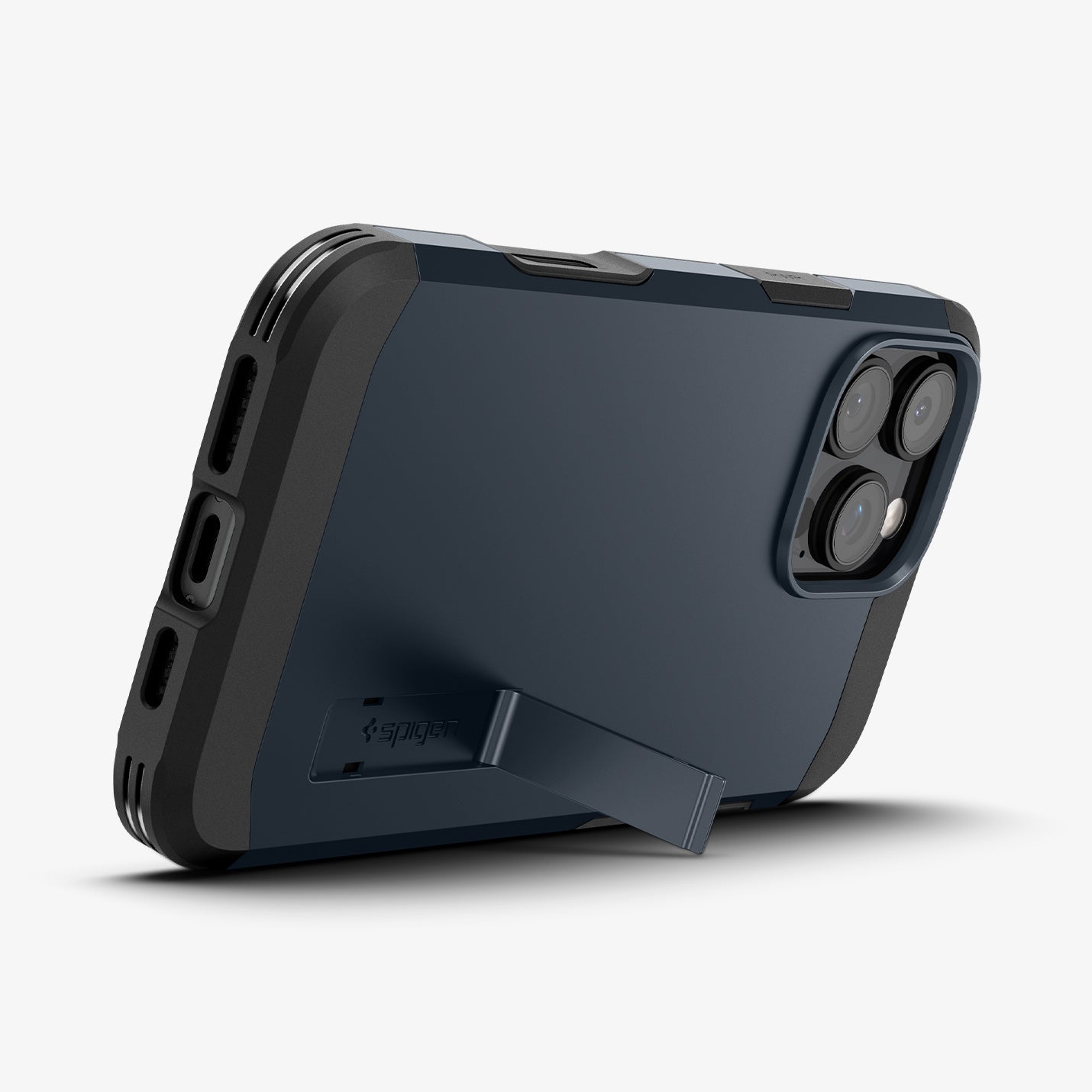 ACS08504 - iPhone 16 Pro Max Case Tough Armor T AI (MagFit) in Metal Slate showing the back and bottom with device propped up