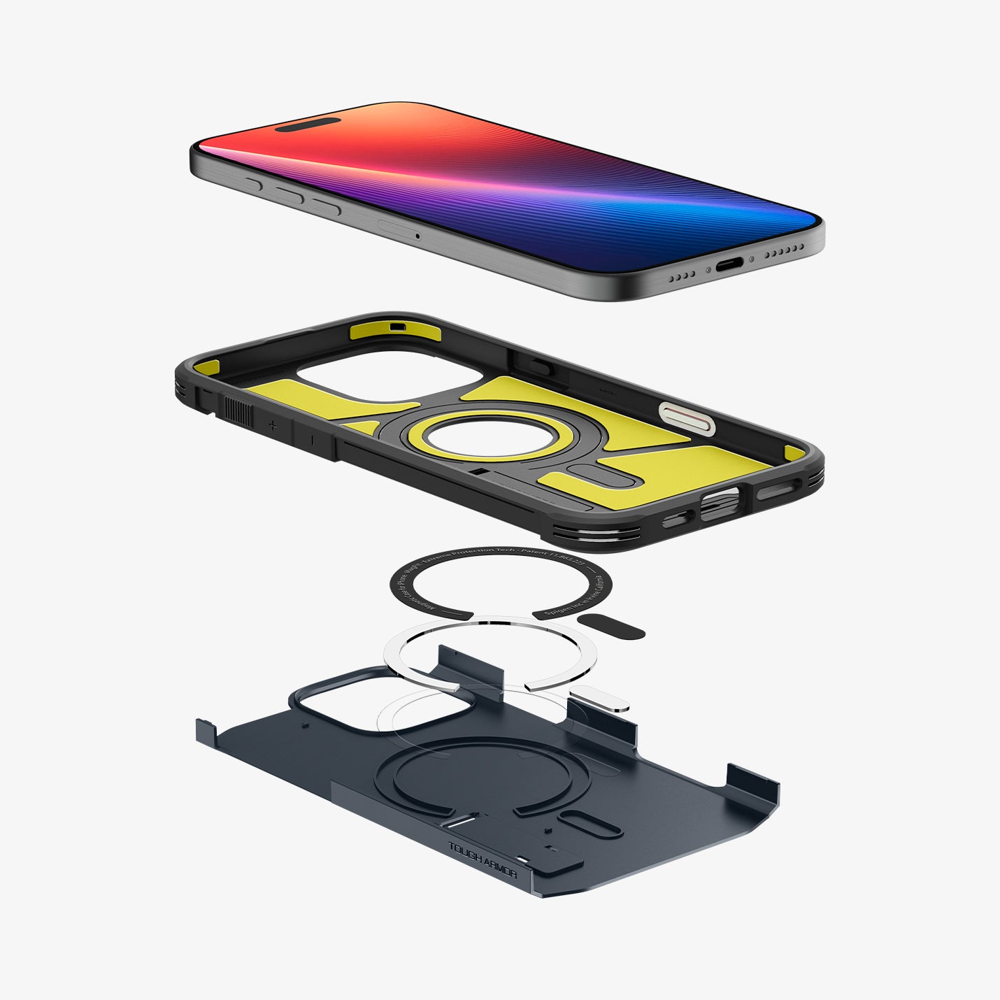 ACS08504 - iPhone 16 Pro Max Case Tough Armor T AI (MagFit) in Metal Slate showing the device, case and magnet layers