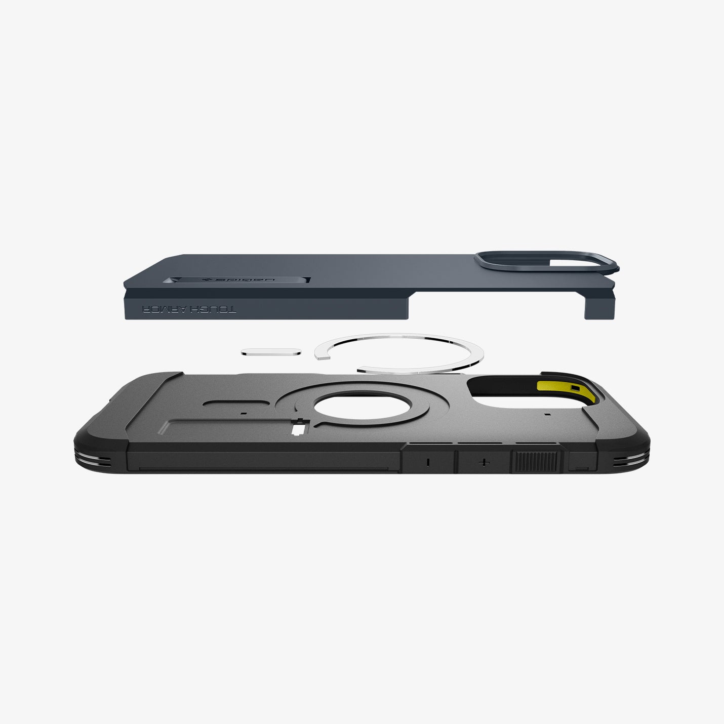 ACS08511 - iPhone 16 Pro Case Tough Armor T AI (MagFit) in Metal Slate showing the two layers of case and magnet