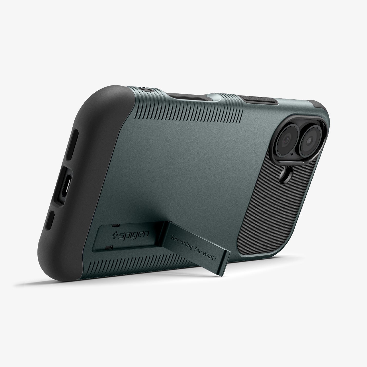 ACS09688 - iPhone 17 Slim Armor (MagFit) in Abyss Green showing the back, partial side and bottom, propped up with a built-in kickstand