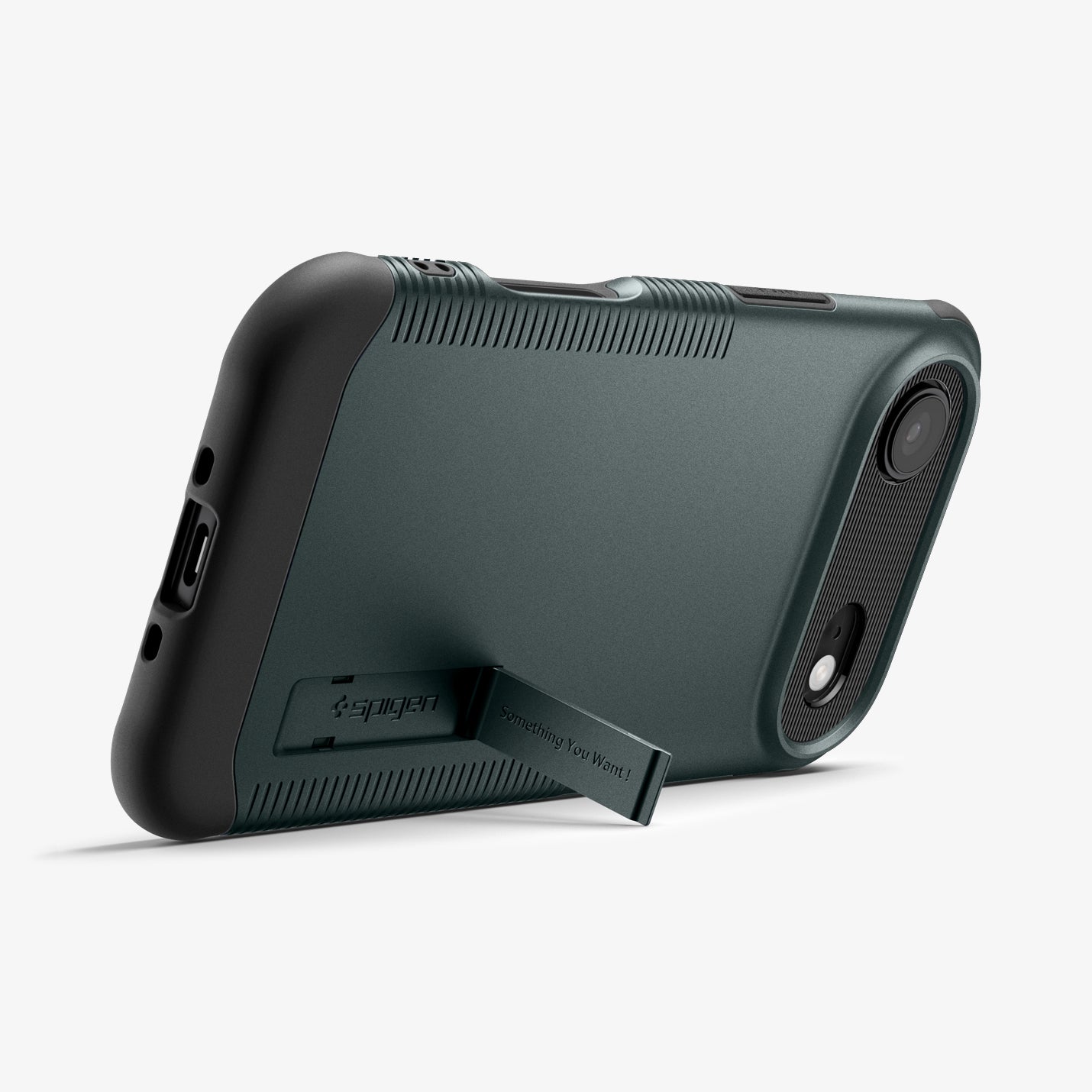 ACS09678 - iPhone 17 Air Slim Armor (MagFit) in Abyss Green showing the back, partial side and bottom, propped up with a built-in kickstand