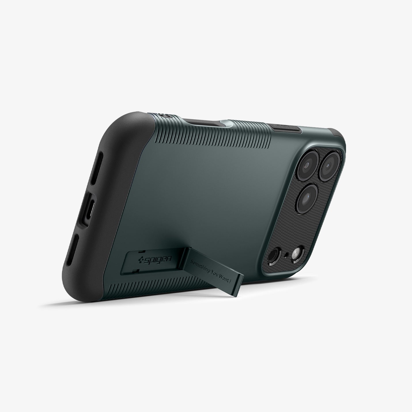 ACS09673 - iPhone 17 Pro Max Slim Armor (MagFit) in Abyss Green showing the back, partial side and bottom, propped up with a built-in kickstand