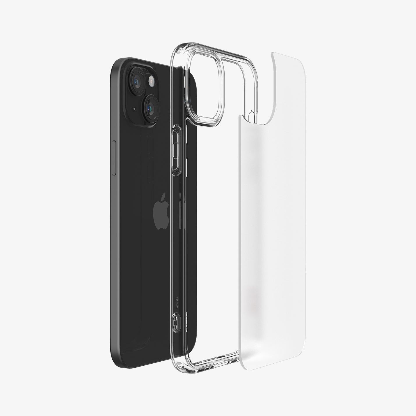 ACS06796 - iPhone 15 Case Ultra Hybrid in frost clear showing the back with multiple layers of case hovering away from device