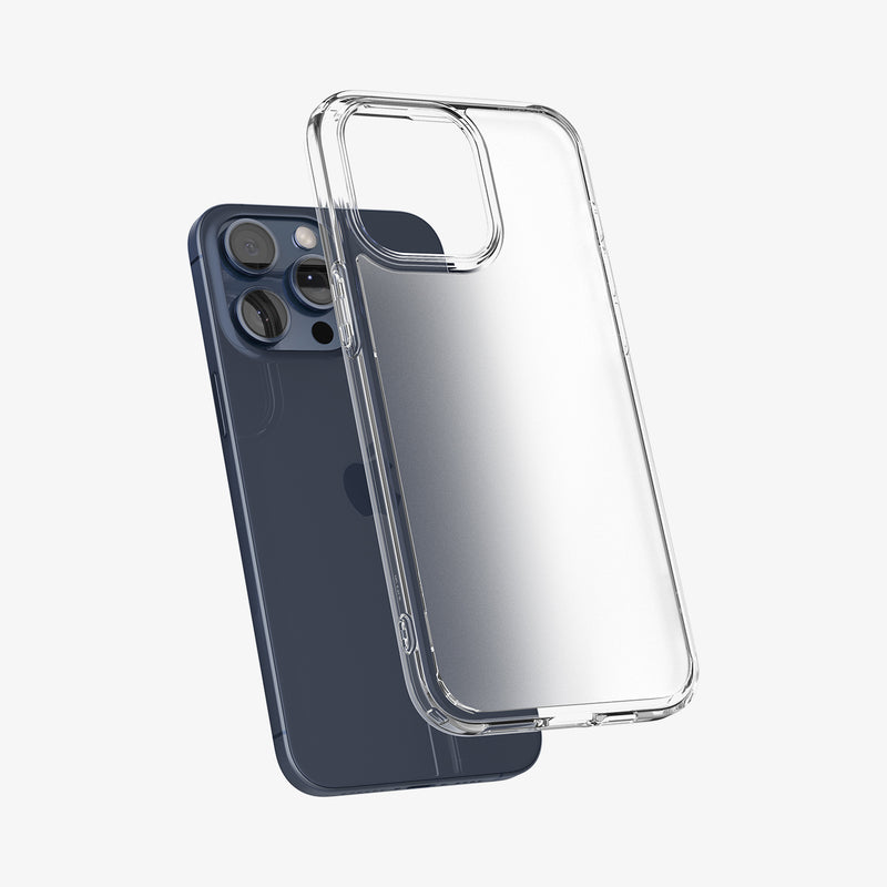 ACS06567 - iPhone 15 Pro Max Case Ultra Hybrid in frost clear showing the back with case hovering away from device
