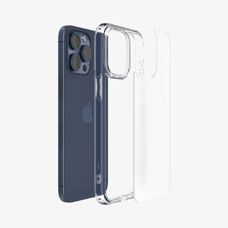 ACS06567 - iPhone 15 Pro Max Case Ultra Hybrid in frost clear showing the back with multiple layers of case hovering away from device