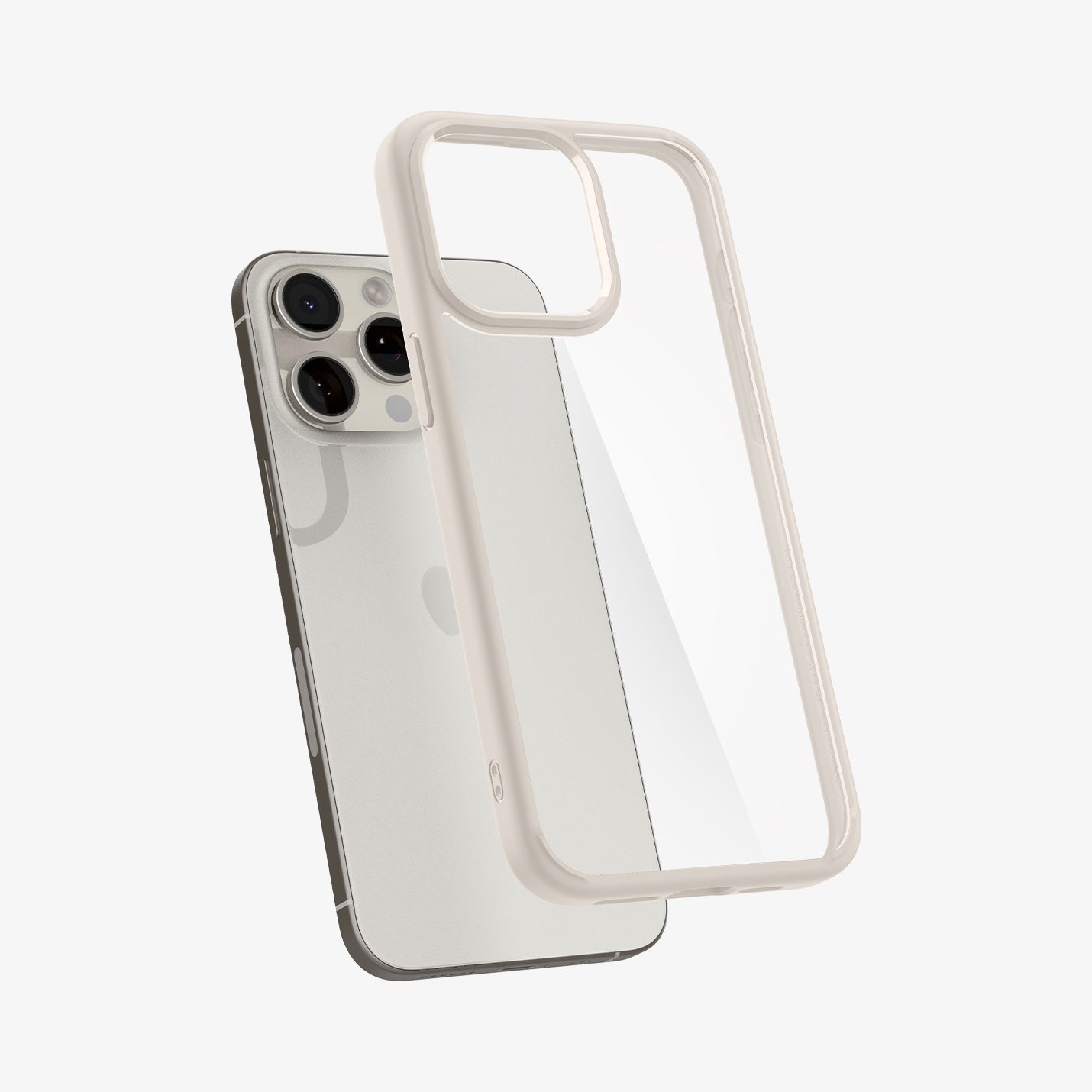 ACS07209 - iPhone 15 Series Ultra Hybrid Case in Natural Titanium showing the back of hard layer case hovering the device
