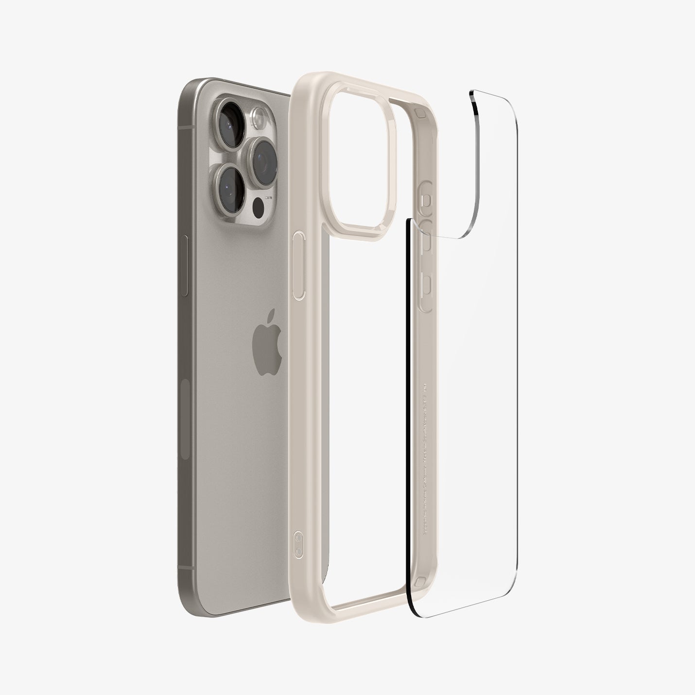 ACS07209 - iPhone 15 Series Ultra Hybrid Case in Natural Titanium showing the back of glass case hovering the hard layer case frame and device
