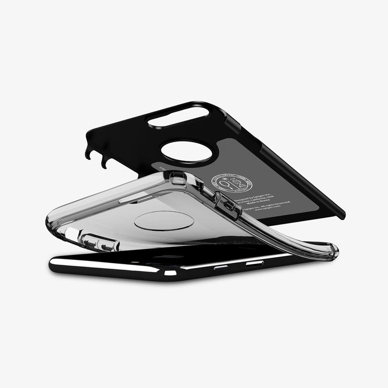 043CS20850 - iPhone 7 Plus Case Hybrid Armor in Black showing the back of hard layer hovering in front of a soft clear tpu and a device