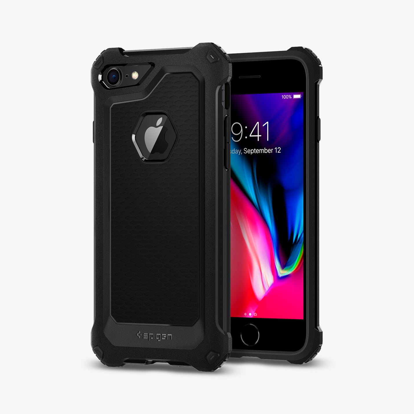 042CS21491 - iPhone 8 Case Rugged Armor Extra in Black showing the back, partial side next to it, a device showing front and partial side