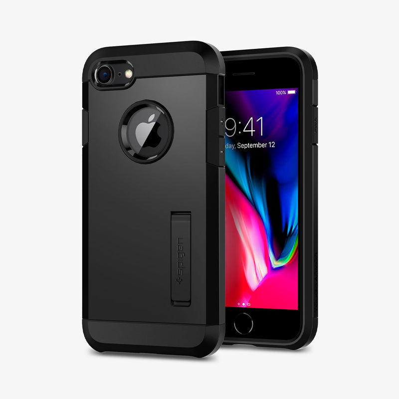 054CS22216 - iPhone 7 Case Tough Armor 2 in Black showing the back, partial side next to it, a device showing front and partial side