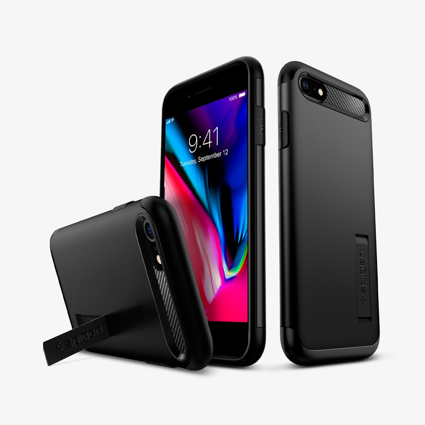 ACS00886 - iPhone 7 Series Slim Armor Case in Black showing the back, front, sides and device propped up by built in kickstand