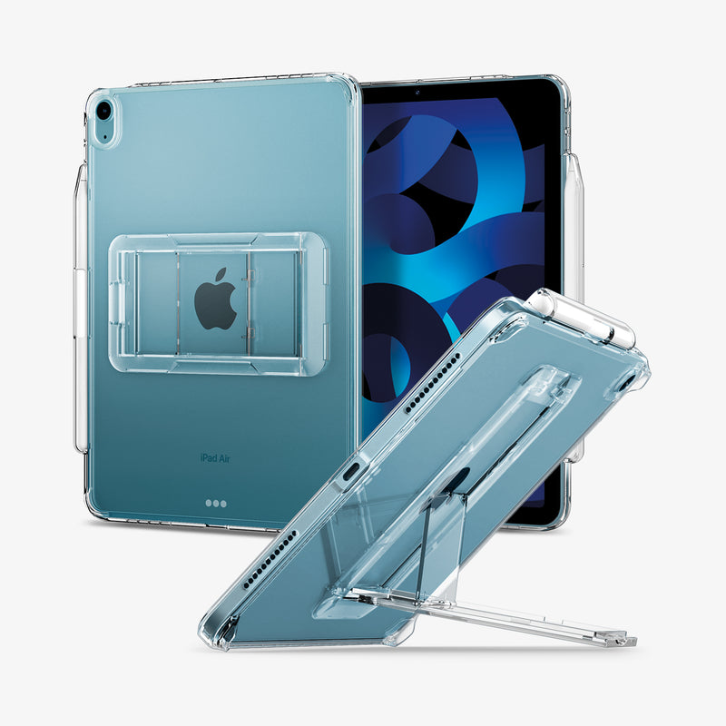 ACS04605 - iPad Air 10.9" Case Air Skin Hybrid S in crystal clear showing the back, front and device propped up by built in kickstand