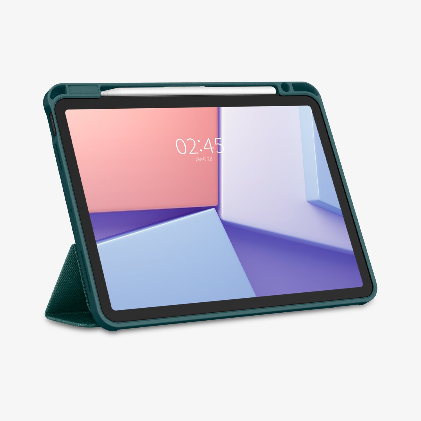 ACS07755 - iPad Air 11-inch (2025/2024) Case Urban Fit in Midnight Green showing the front, partial side with stylus pen attached, back case propped up as a built-in kickstand
