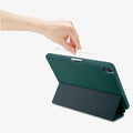 ACS07755 - iPad Air 11-inch (2025/2024) Case Urban Fit in Midnight Green showing a hand holding the stylus pen ready to attached on the device showing back, propped up as a kickstand