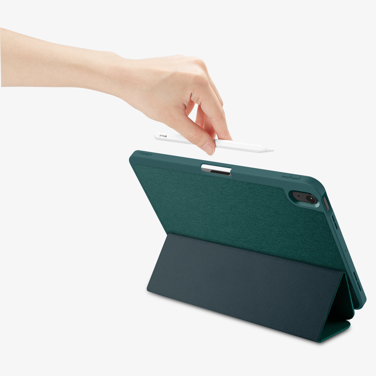 ACS07755 - iPad Air 11-inch (2025/2024) Case Urban Fit in Midnight Green showing a hand holding the stylus pen ready to attached on the device showing back, propped up as a kickstand