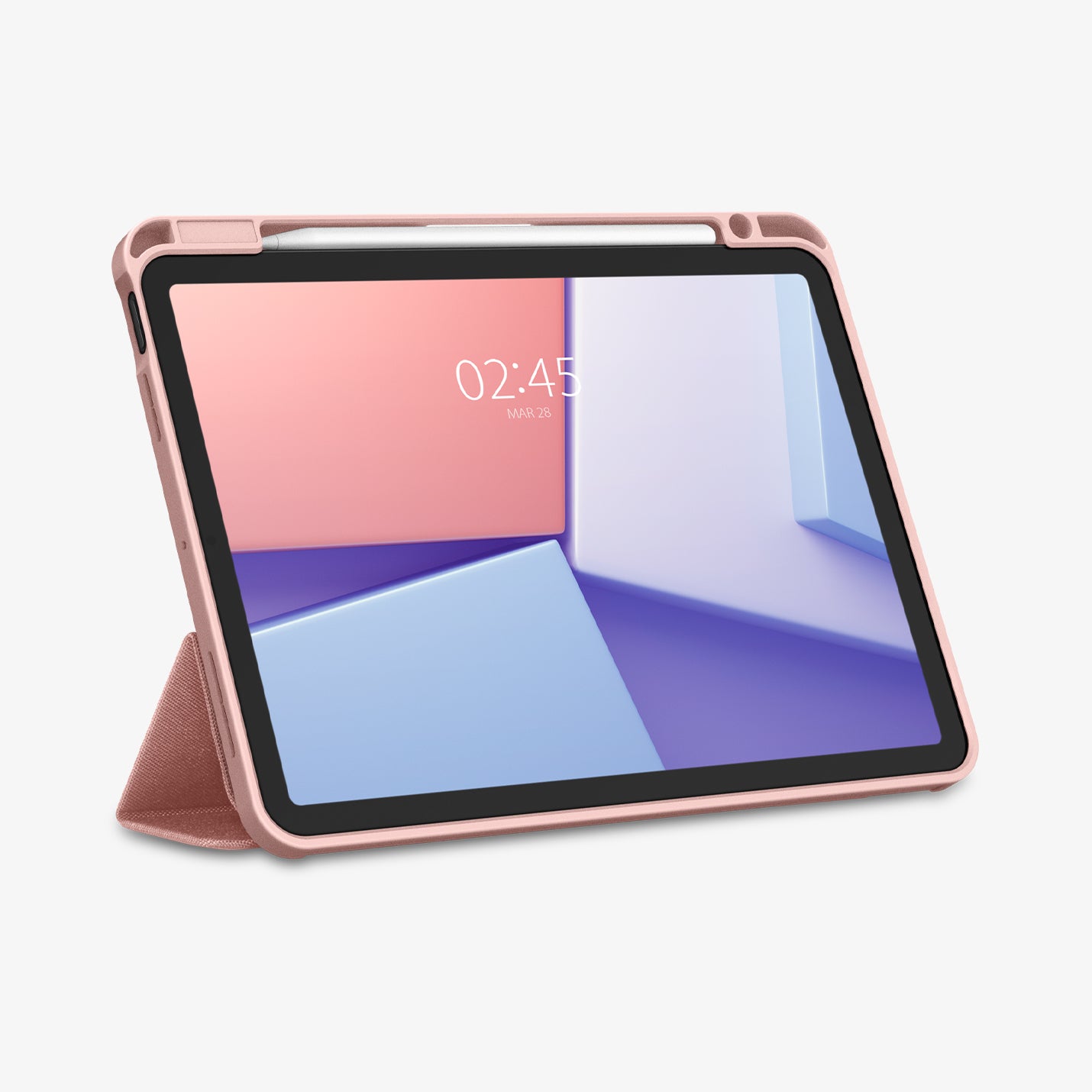 ACS07756 - iPad Air 11-inch (2025/2024) Case Urban Fit in Rose Gold showing the front, partial side with stylus pen attached, back case propped up as a built-in kickstand