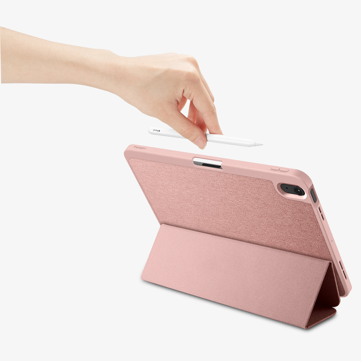ACS07756 - iPad Air 11-inch (2025/2024) Case Urban Fit in Rose Gold showing a hand holding the stylus pen ready to attached on the device showing back, propped up as a kickstand