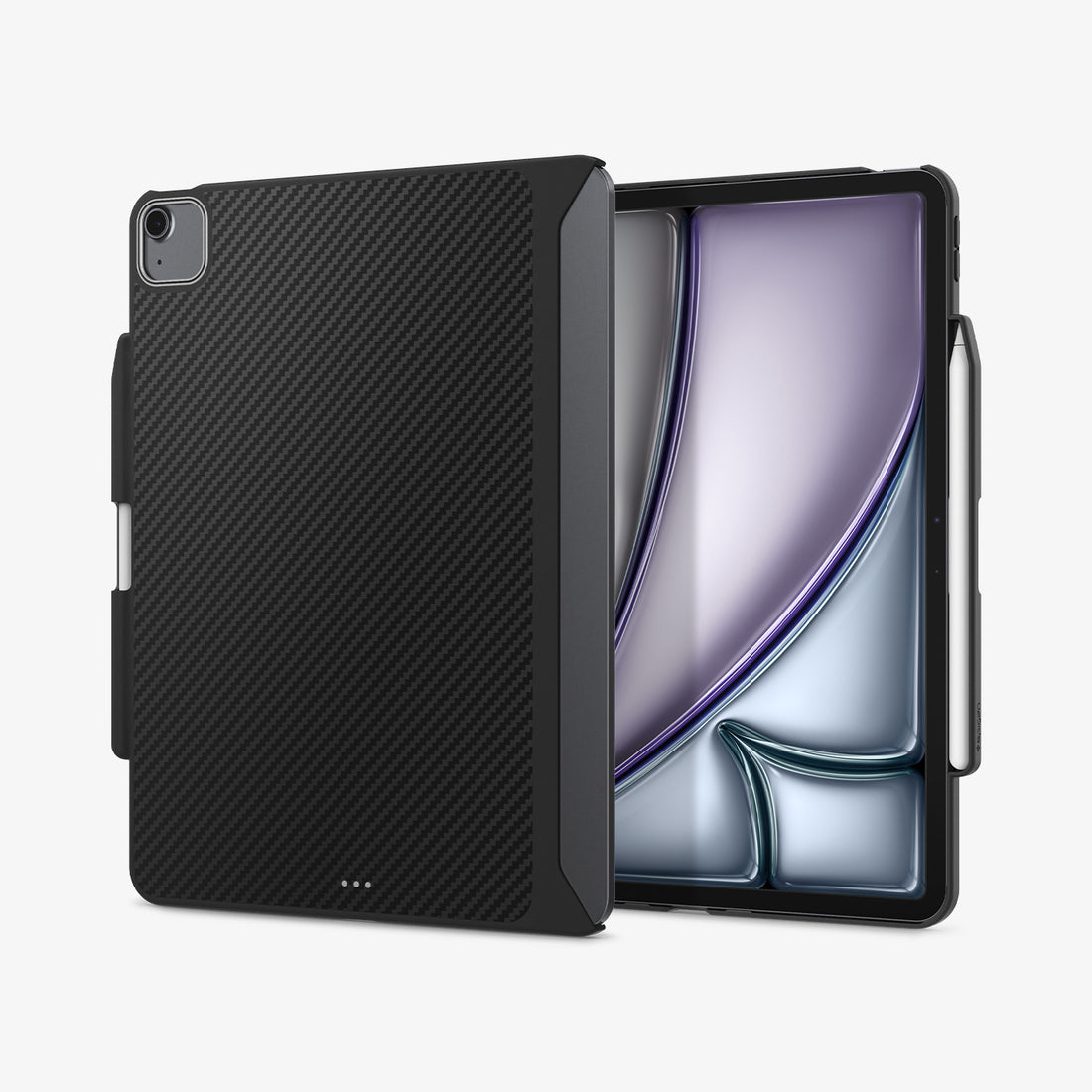 ACS07757 - iPad Air 11-inch (2024) Case Enzo Aramid in Black showing the back, partial front with stylus pen attached