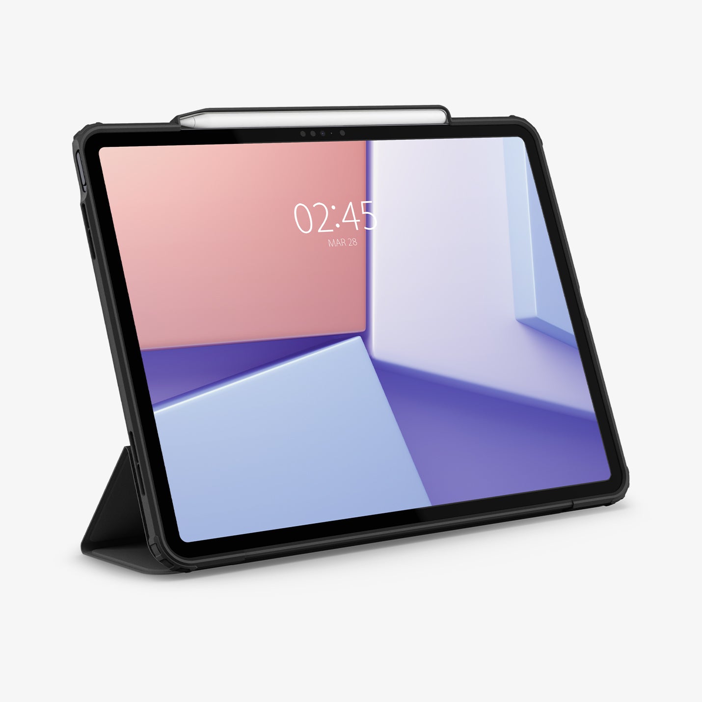 ACS07678 - iPad Air 12.9-inch Case Air Skin Pro in Black showing the front with device propped up by built in kickstand with s-pen attached