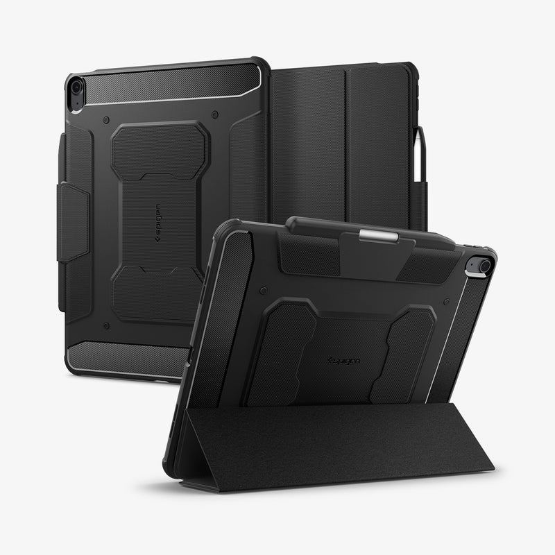 ACS07669 - iPad Air 12.9-inch Case Rugged Armor Pro in Black showing the back, partial front with a front cover propped up as a kickstand with stylus pen attached