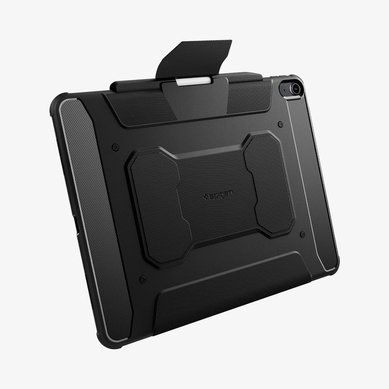 ACS07669 - iPad Air 12.9-inch Case Rugged Armor Pro in Black showing the back with case lock half open and a stylus pen attached