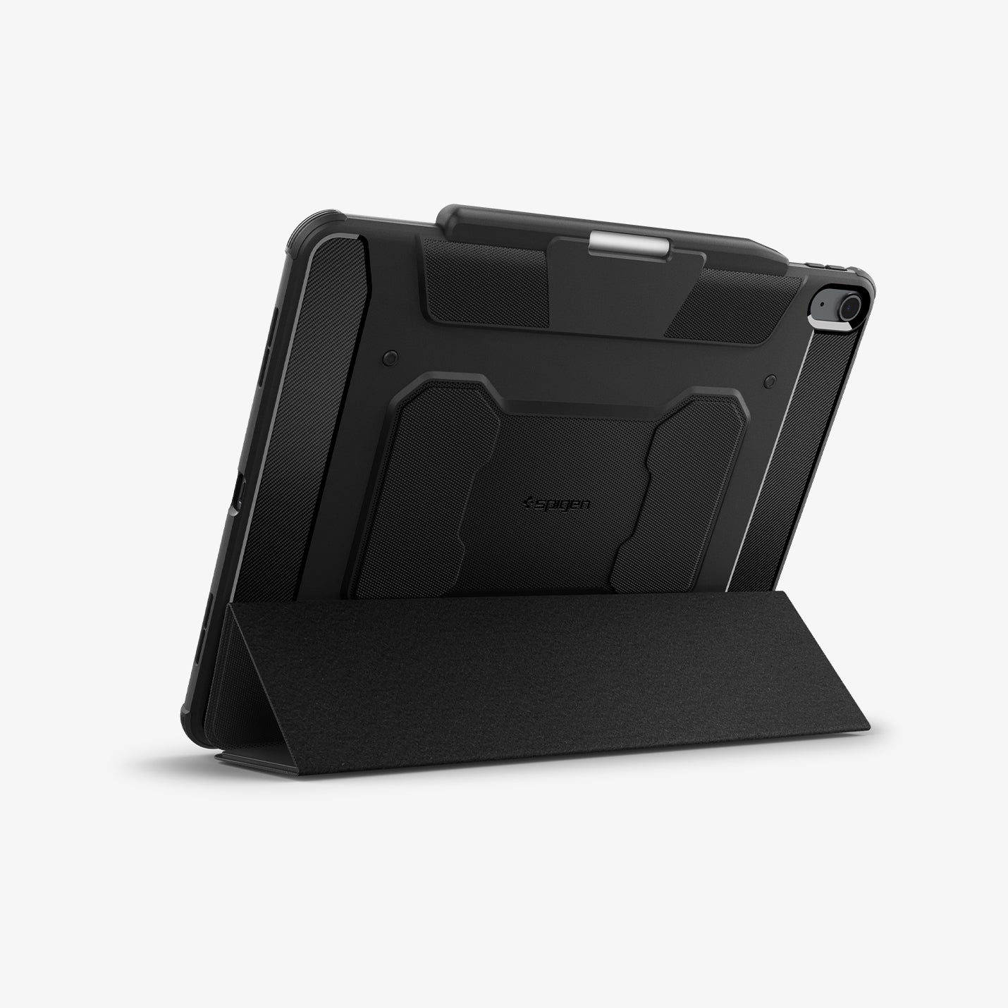 ACS07669 - iPad Air 12.9-inch Case Rugged Armor Pro in Black showing the back, with front cover propped up as a kickstand and a stylus pen attached